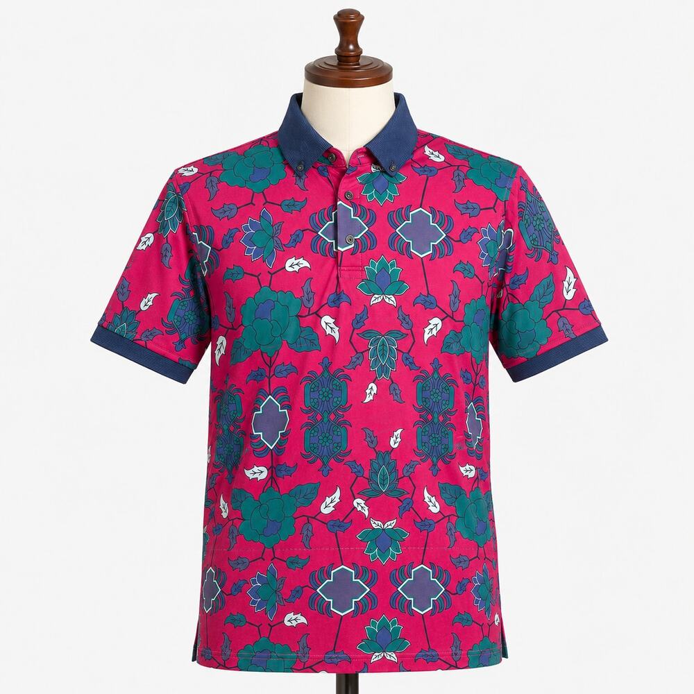 Greyson Pink Floral Print Polo Shirt Men's Medium M Performance Golf Stretch